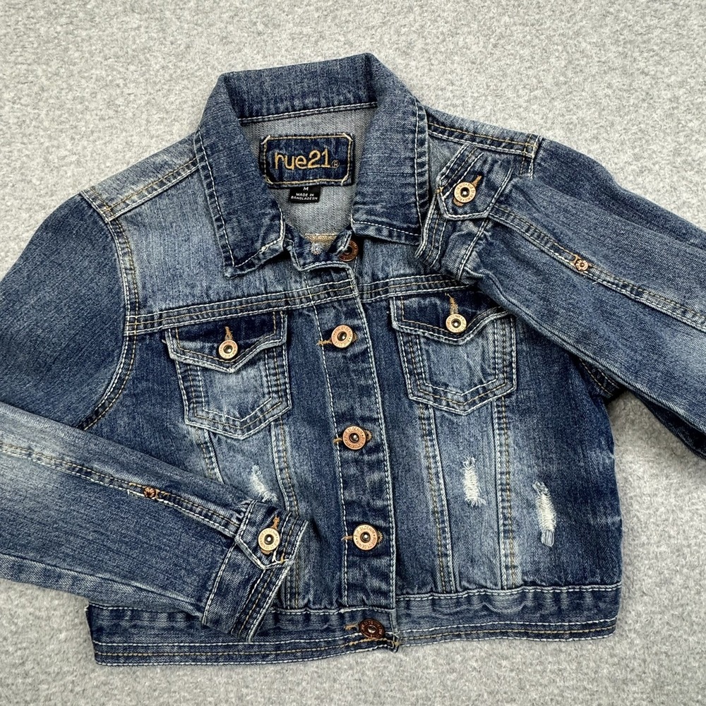 Rue 21 Distressed Denim Jean Jacket Womens Medium Blue Boho Western Cropped